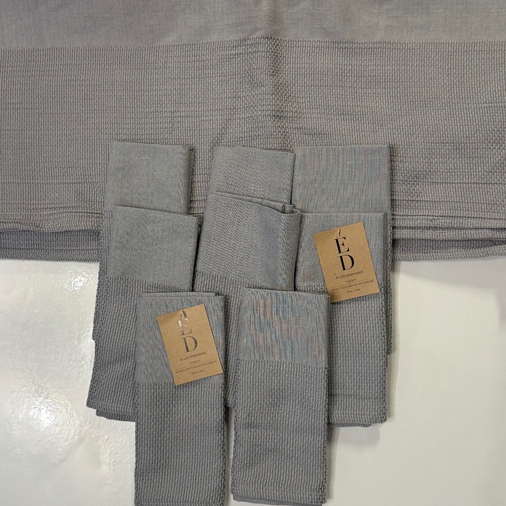 ED Ellen Degeneres cotton blend rectangle tablecloth & 8 napkins minimalist gray